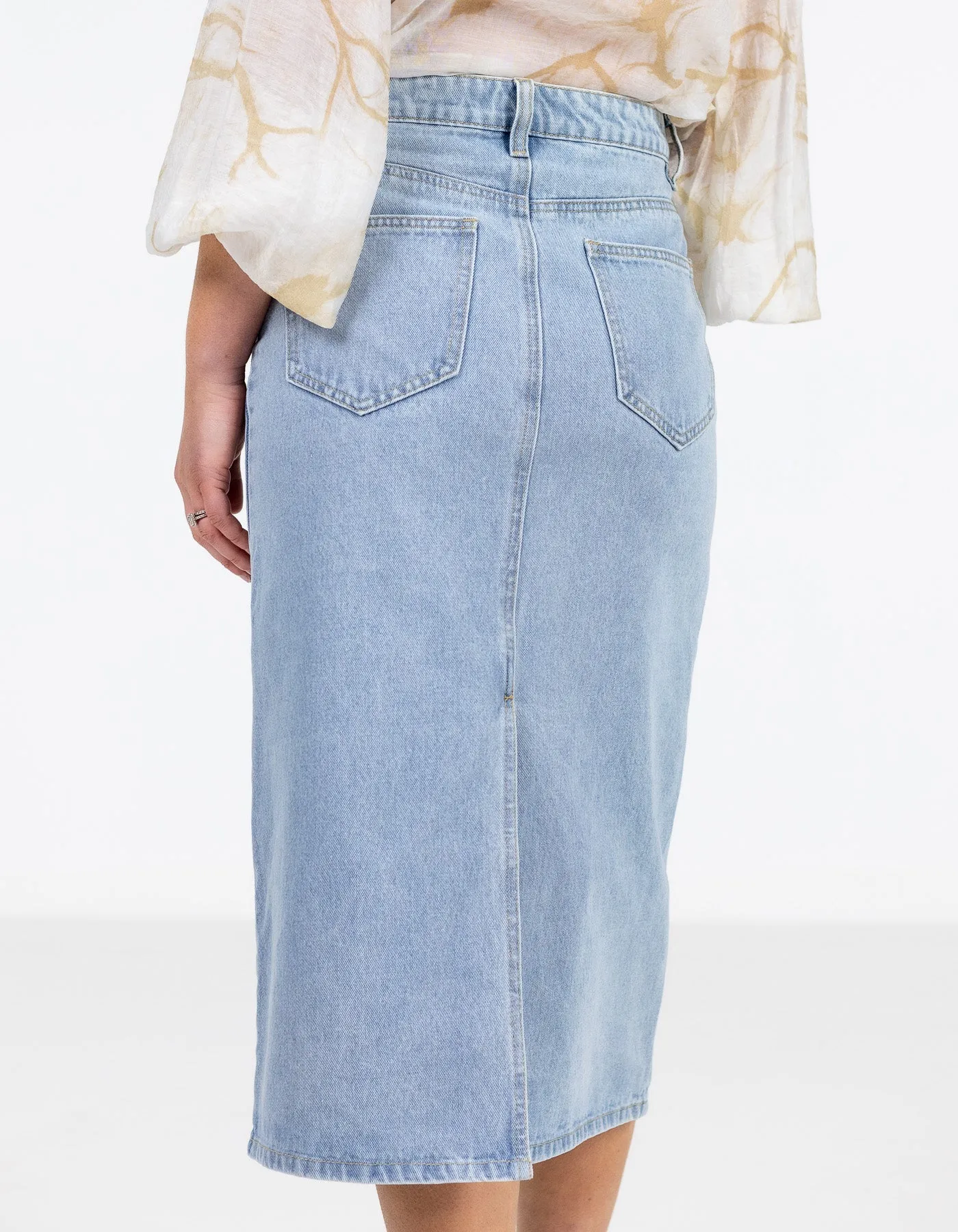 Flynn Non-Stretch Denim Midi Skirt in Light Blue