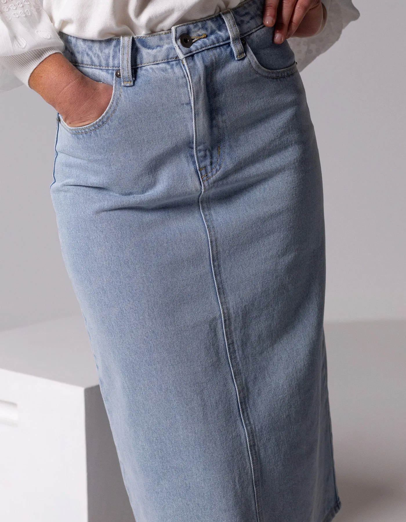 Flynn Non-Stretch Denim Midi Skirt in Light Blue