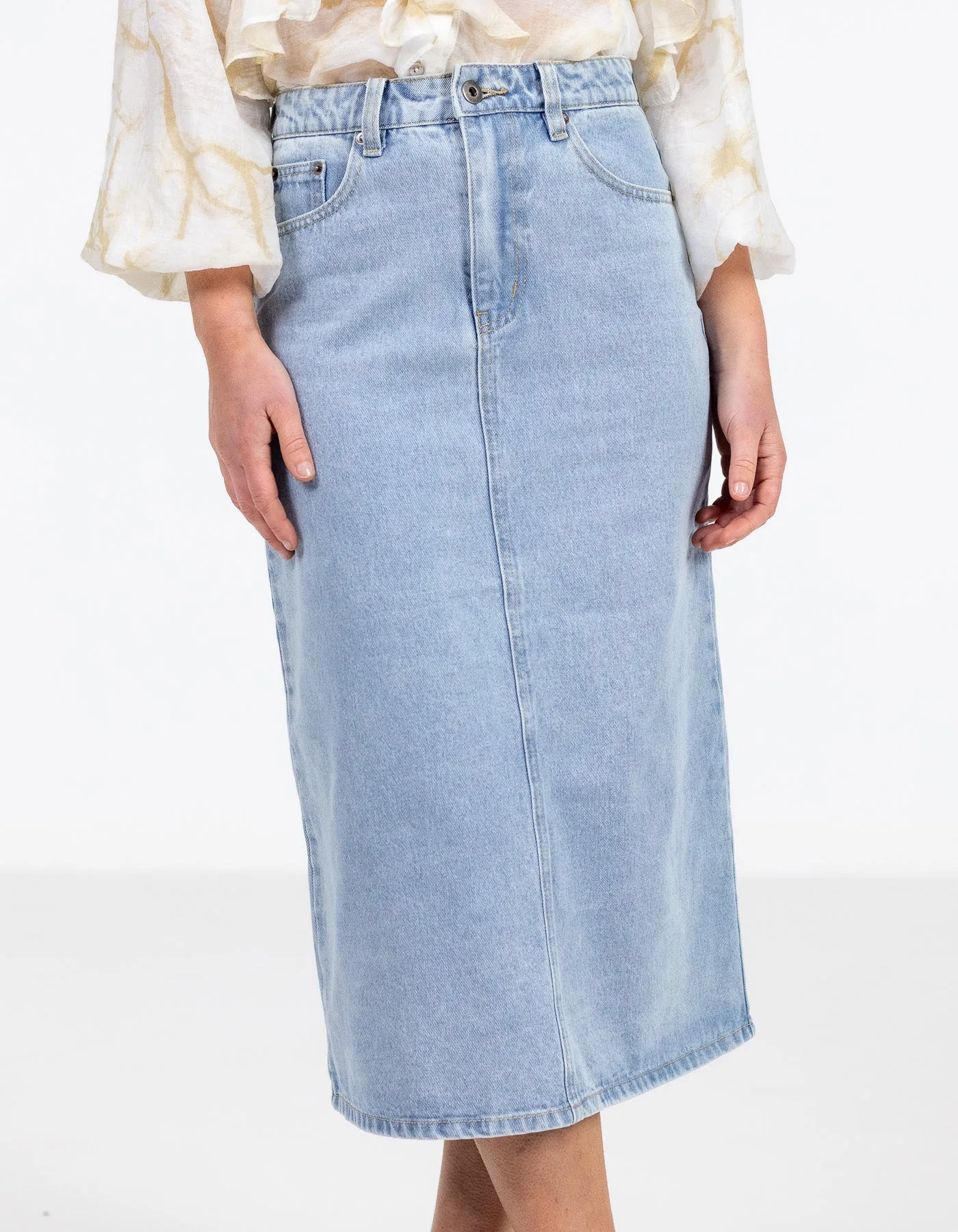 Flynn Non-Stretch Denim Midi Skirt in Light Blue