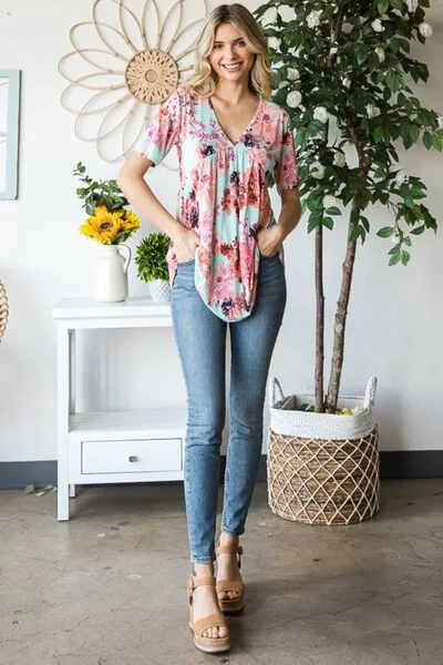 Full Size Floral V-Neck Short Sleeve Babydoll Blouse