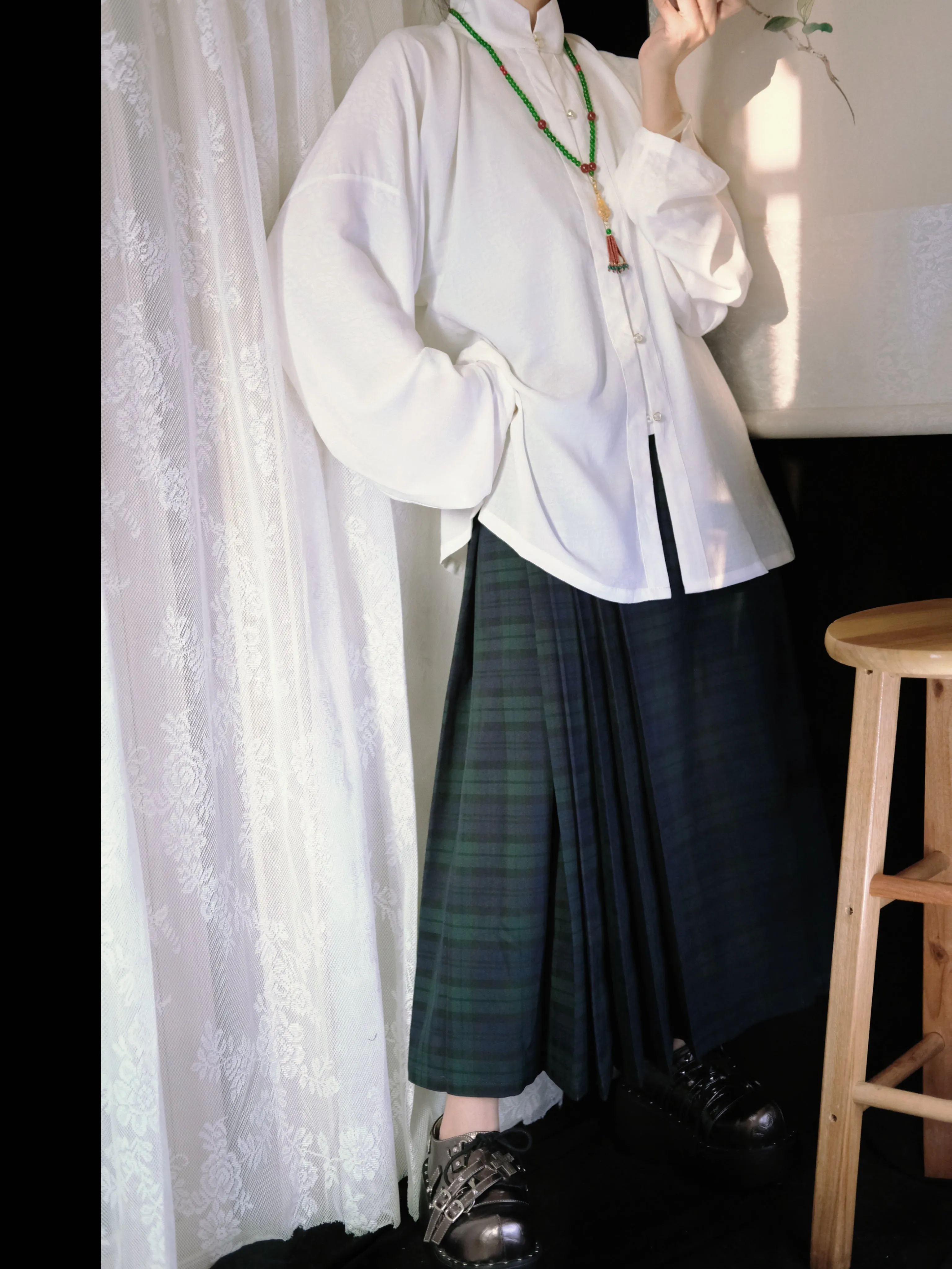 Ge Wen 格纹 Plaid Print Modernized Midi Mamian Skirt