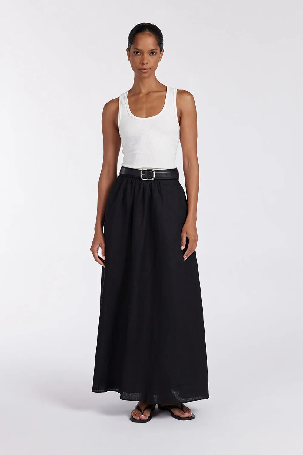 GEMIMA BLACK LINEN MIDI SKIRT