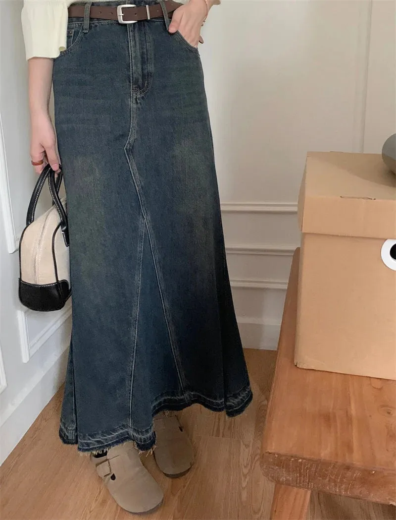 Girlary High Quality New Mermaid Skirt Women's Party Prom Vintage Classical Cozy Blue  Denim A-Line Skirt Raw Edge Thin Korean Fashion