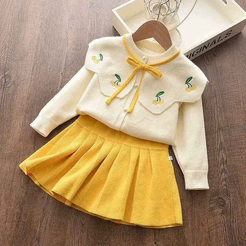 Girls Knitted Cardigan Sweater Skirt Two-piece Suit