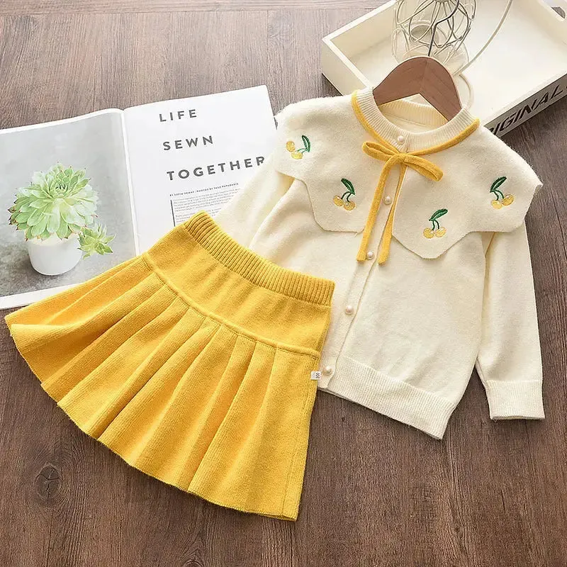 Girls Knitted Cardigan Sweater Skirt Two-piece Suit