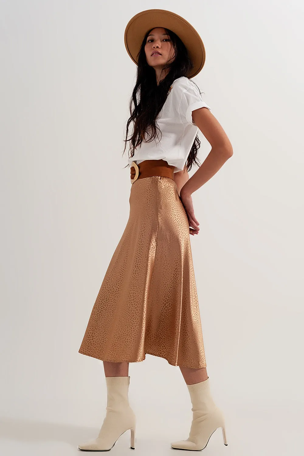 Gold Color Midi Skirt in Abstract Animal Print