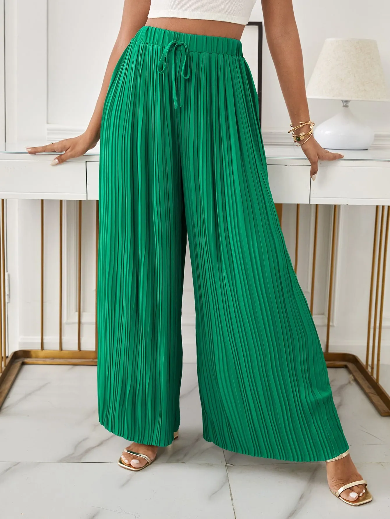 Green High Waist Pleated Knot Front Wide Leg Loose Pants