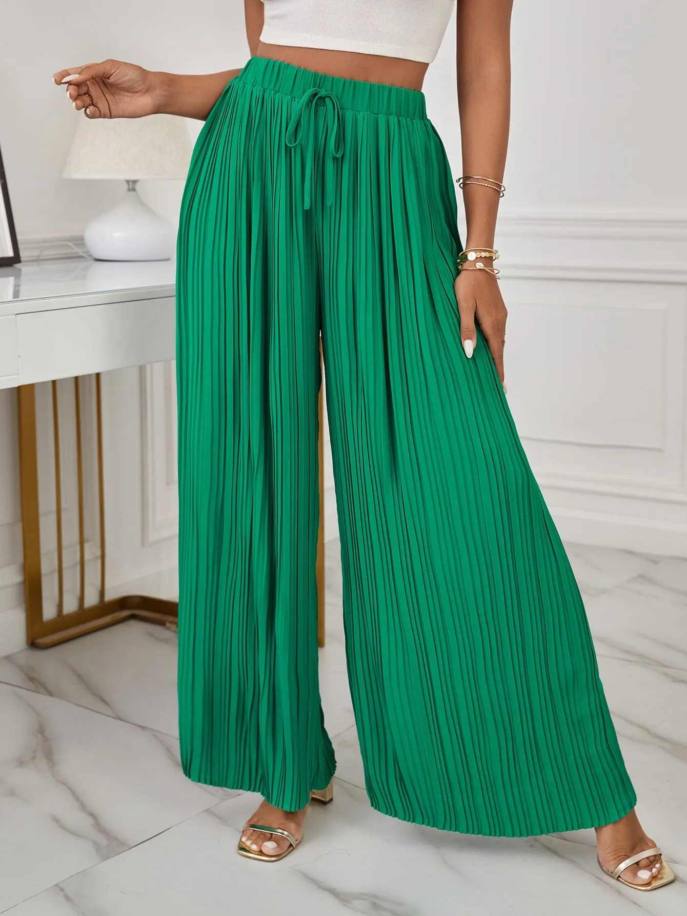 Green High Waist Pleated Knot Front Wide Leg Loose Pants