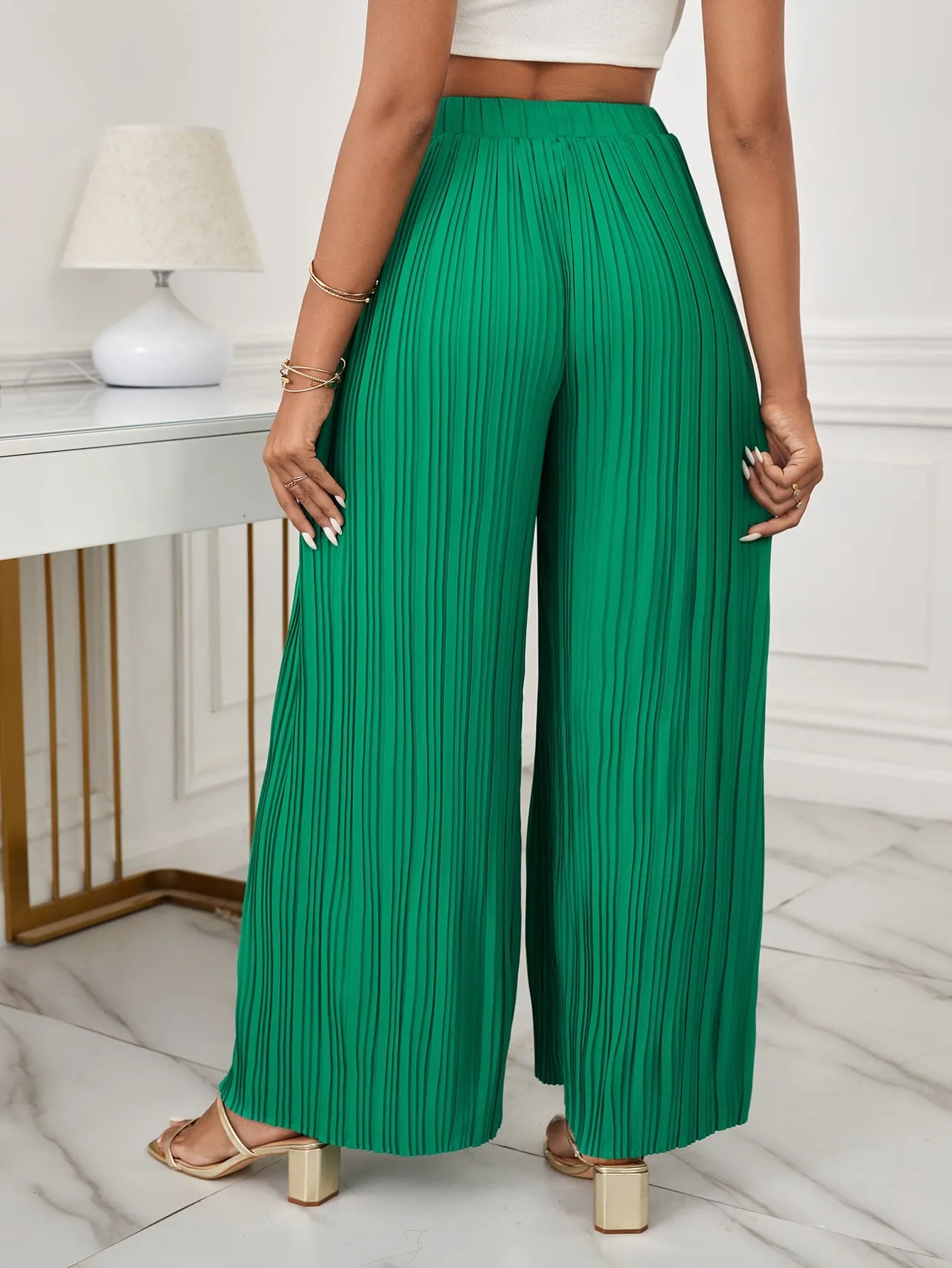 Green High Waist Pleated Knot Front Wide Leg Loose Pants