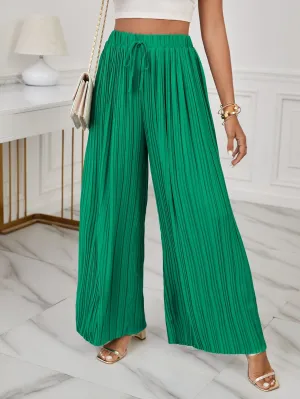 Green High Waist Pleated Knot Front Wide Leg Loose Pants