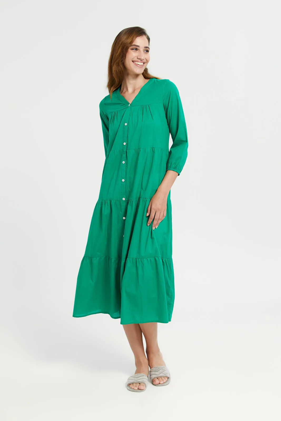 Green Solid Tier Body Nightgown