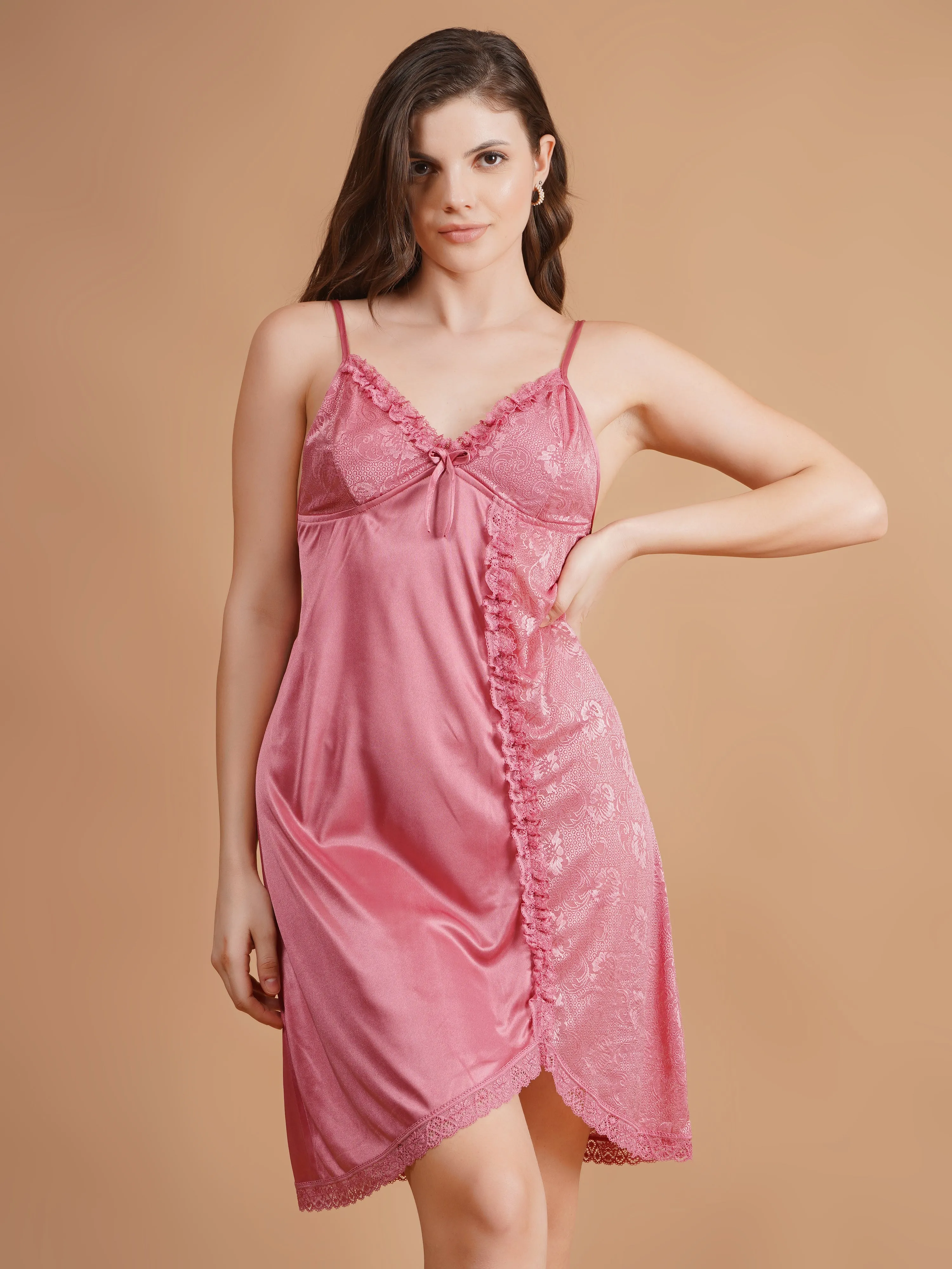 Half and half Deatiled Pink satin Babydoll Dress