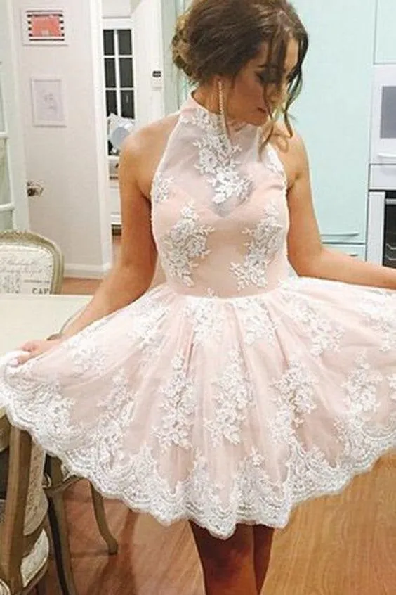 Halter Neck Pearl Pink Short Lace Wedding Dress Short Lace Prom Dress