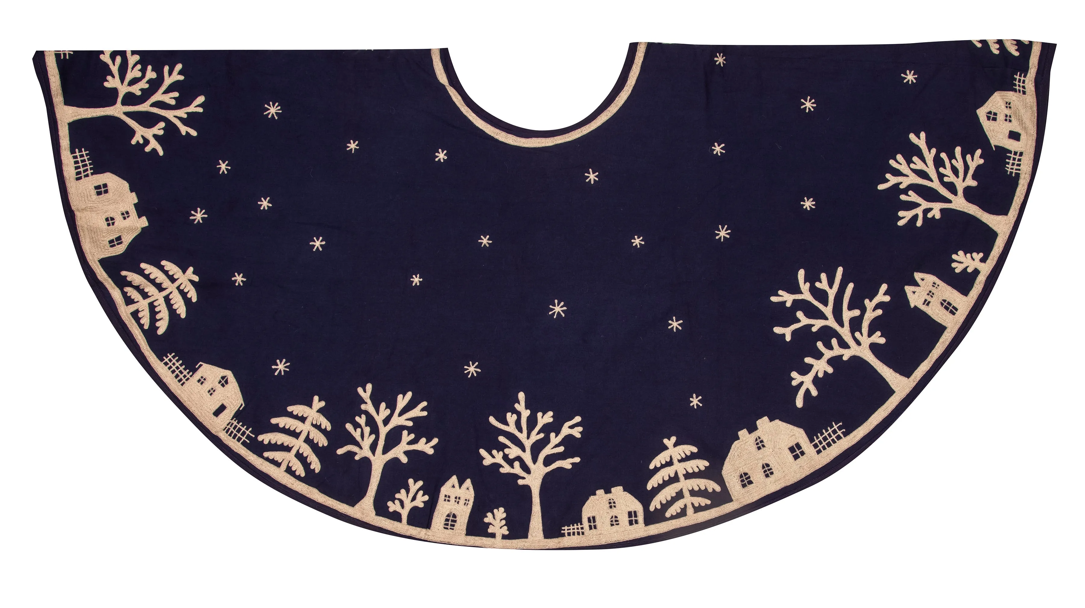 Handmade Christmas Tree Skirt In Cotton - Village Scene On Navy Blue - 60"