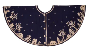 Handmade Christmas Tree Skirt In Cotton - Village Scene On Navy Blue - 60"