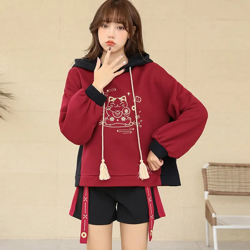 Harajuku Lucky Cat Drawstring Hoodie Skirt Two Piece Set