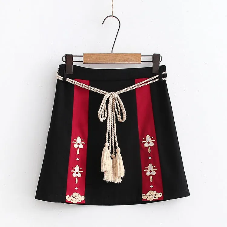 Harajuku Lucky Cat Drawstring Hoodie Skirt Two Piece Set