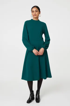 High Neck Long Sleeve A-Line Midi Dress