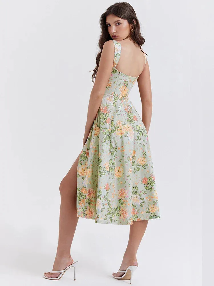 High Print A-line Spaghetti Strap Spring Summer Elegant Long Sexy Midi Dress