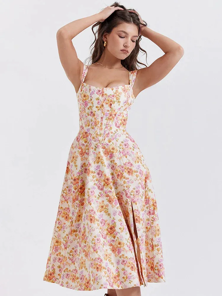 High Print A-line Spaghetti Strap Spring Summer Elegant Long Sexy Midi Dress