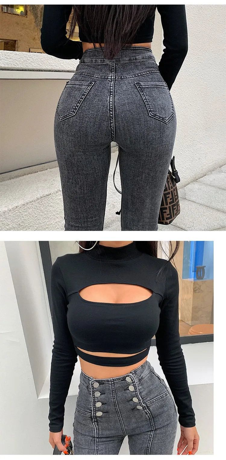 High Waist Double Breasted Stretch Skinny Jeans