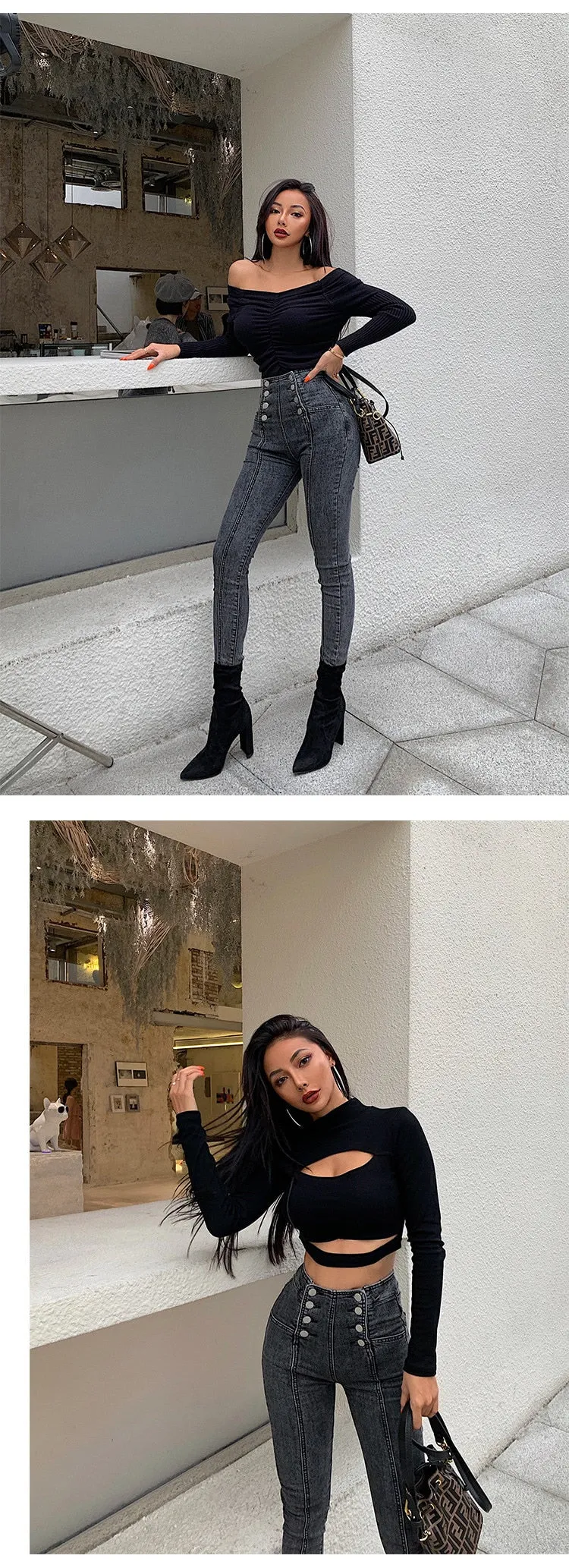 High Waist Double Breasted Stretch Skinny Jeans