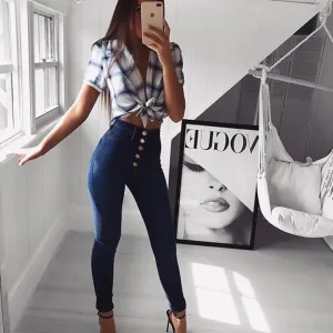 High Waist Hip Lift Slim Breasted Button Front Skinny Jeans (4 colors)