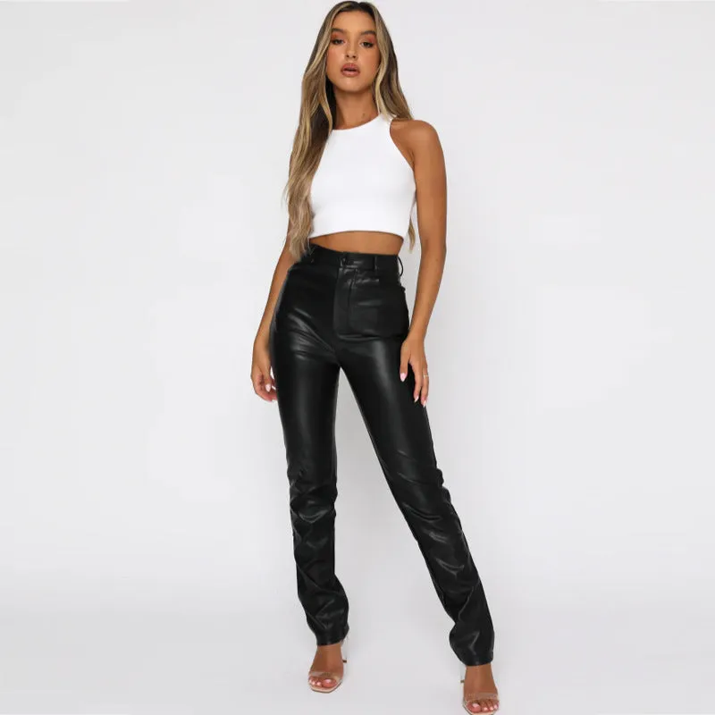 High Waist PU Leather Pants (Dark Brown/Black)