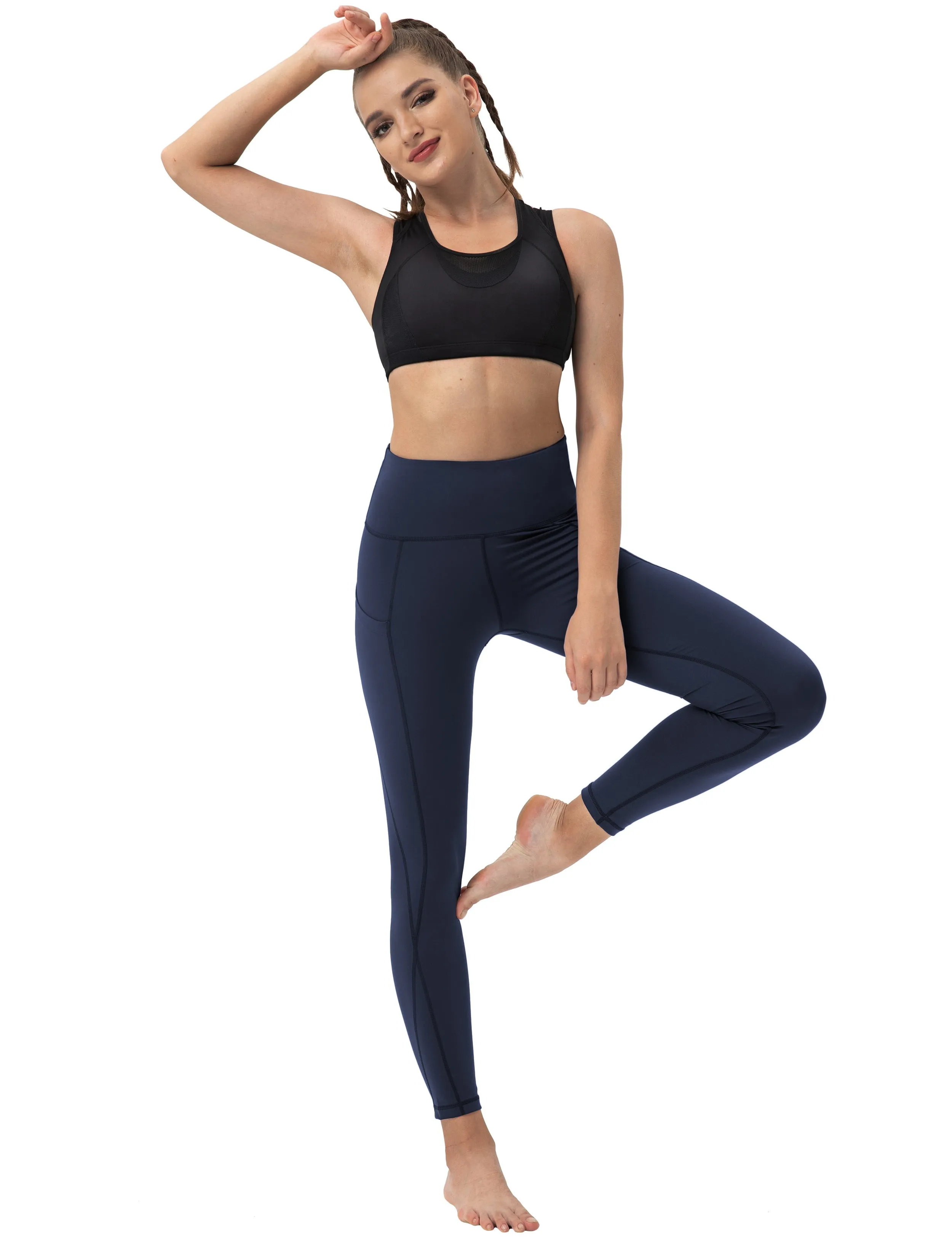 High Waist Side Pockets Gym Pants darknavy_Gym