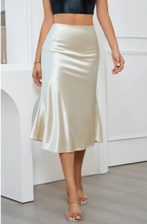 High Waist Silky Satin Fishtail Midi Skirt Champagne