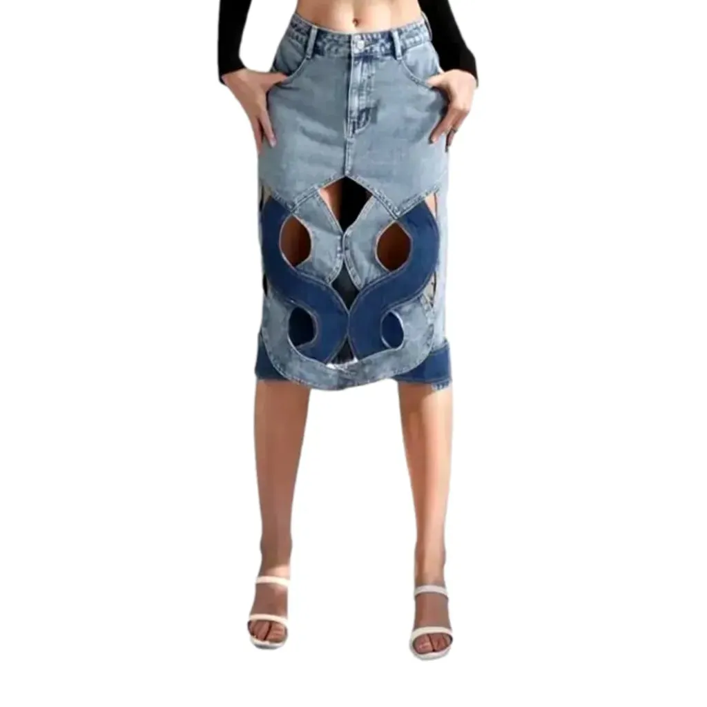 Hollow out high-waist jean skirt