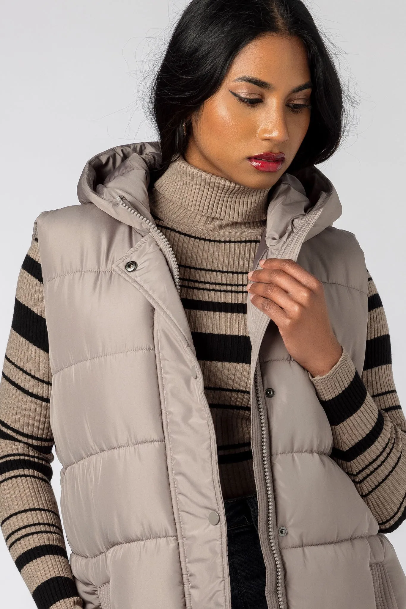 Hooded Midi Puffer Vest with Side Zippers