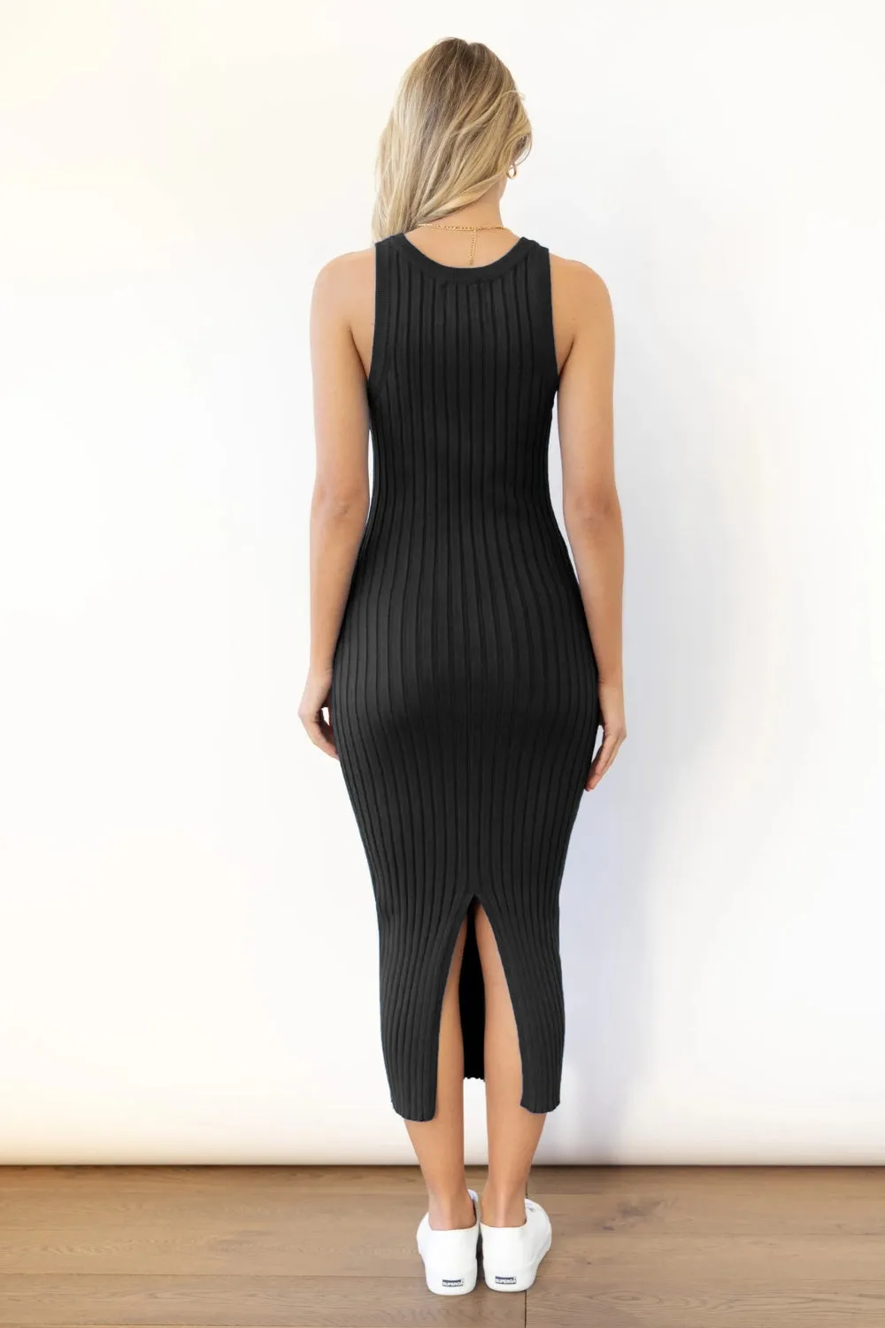 Hot Girl Cozy Chic Ribbed Slit Sleeveless Midi Dress