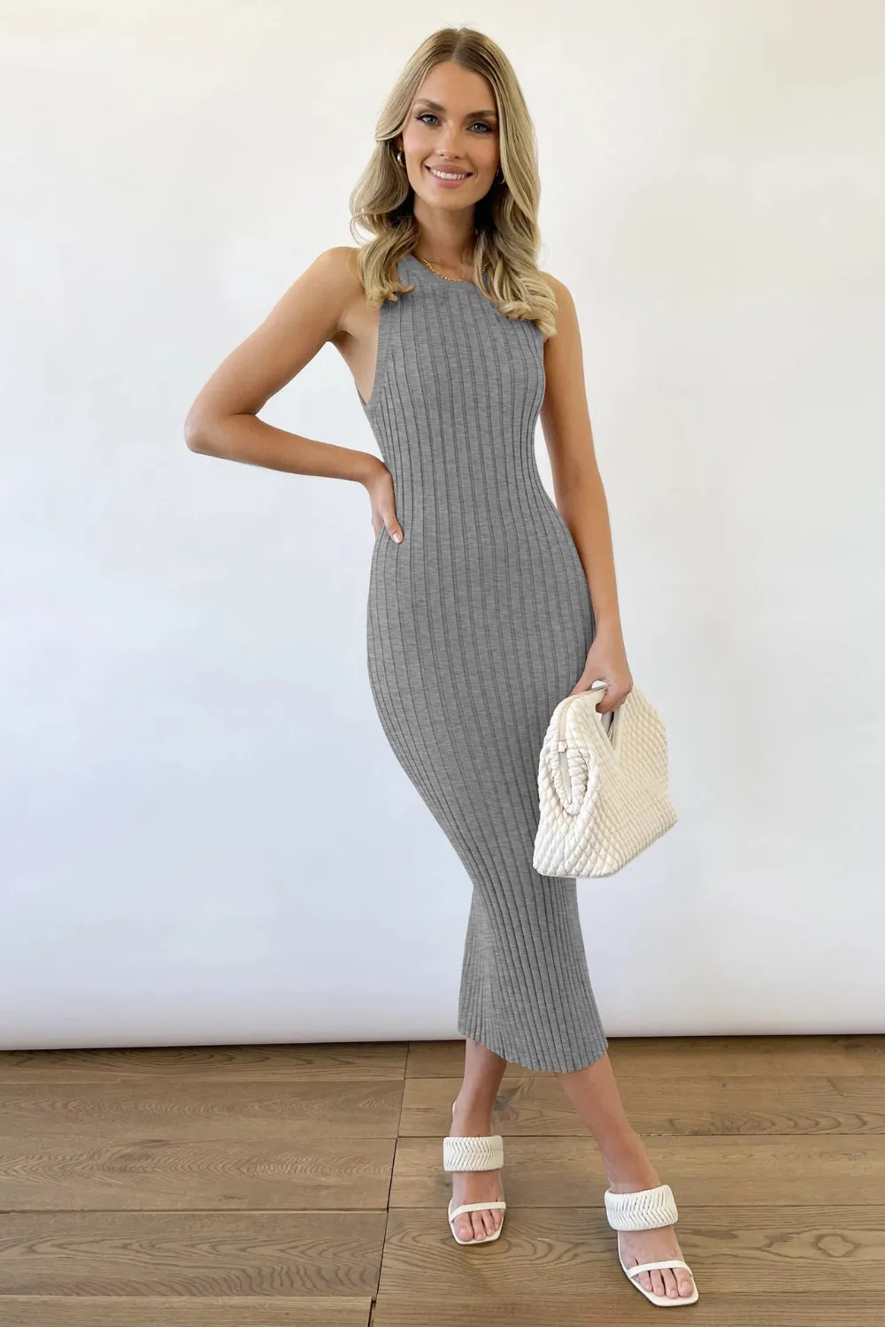 Hot Girl Cozy Chic Ribbed Slit Sleeveless Midi Dress