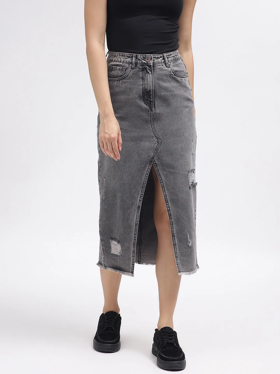 Iconic Women Grey Solid Regular Fit Skirt