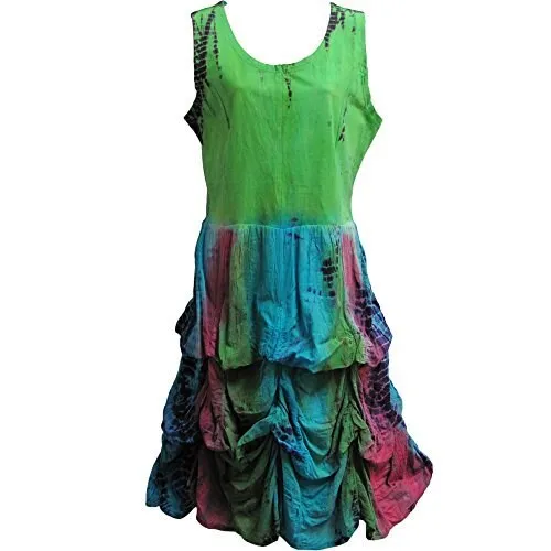 Indian Cotton Bohemian Gypsy Tie-Dye Sleeveless Layered Bubble Long Dress Hippie Balloon Dress