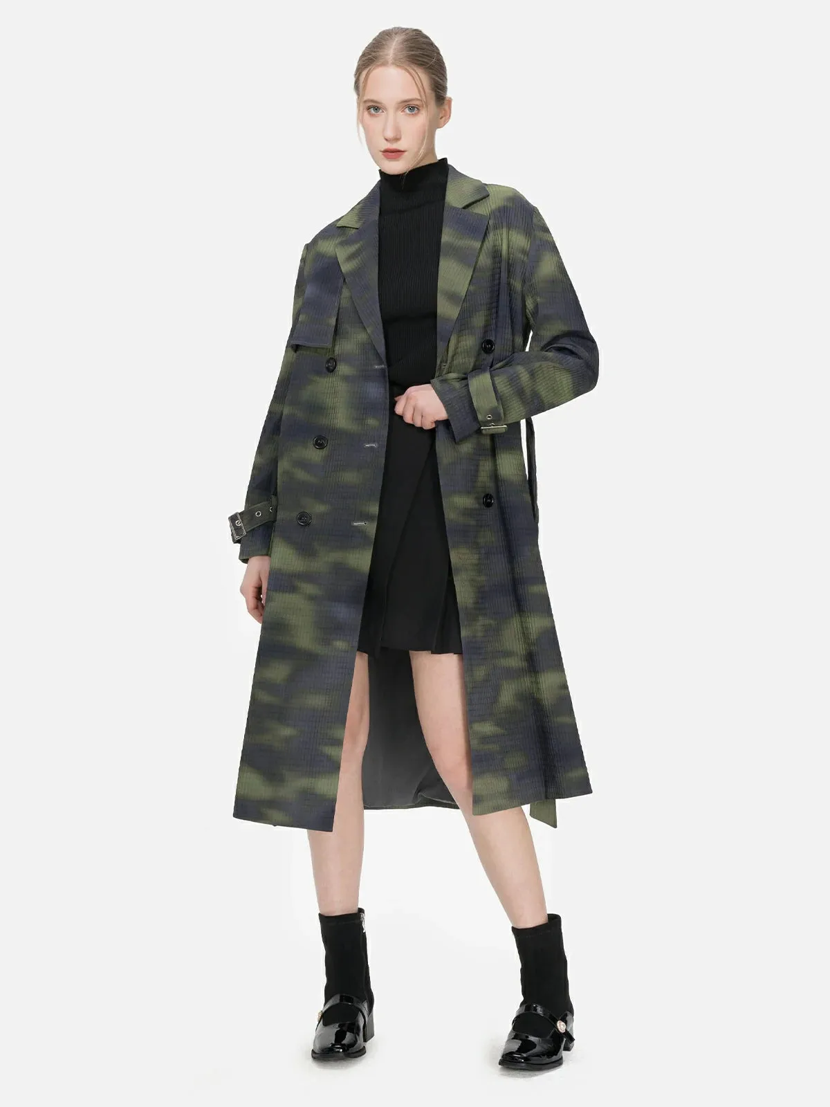 Irregular Print Double Breasted Trench Coat