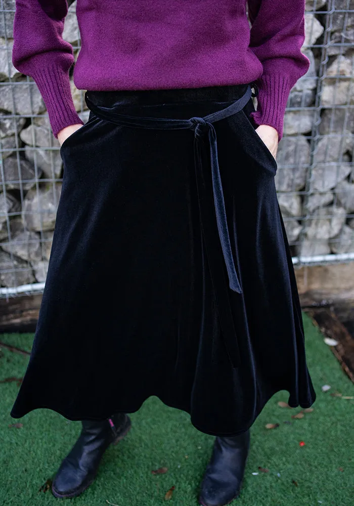 Izzy Black Velvet A-Line Midi Skirt