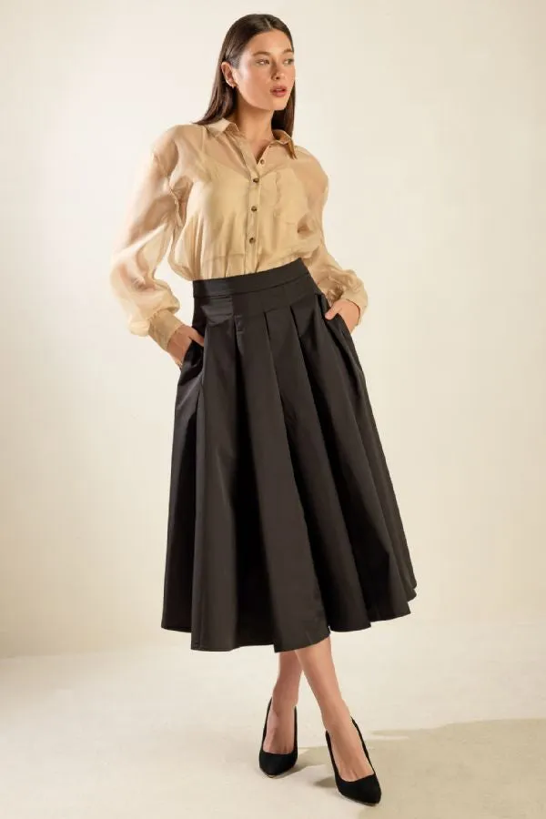 Janae Black Taffeta  Woven Full Midi Skirt