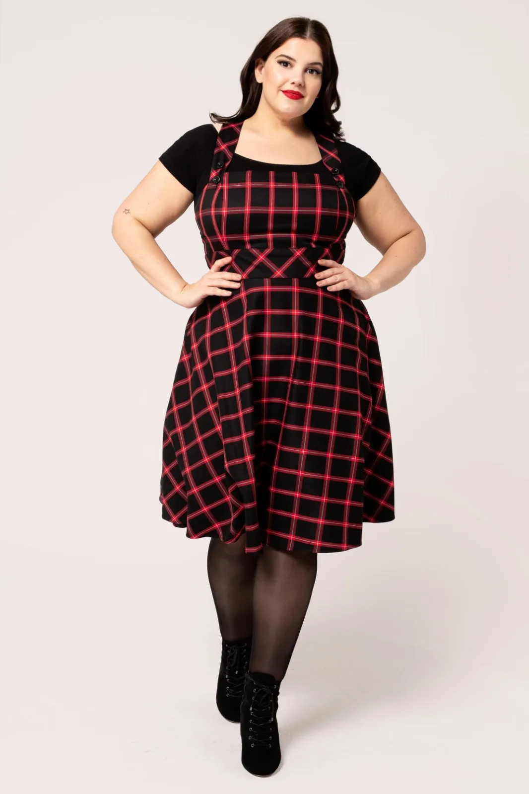 Janine Black & Red Plaid Pinafore Dress by Hell Bunny