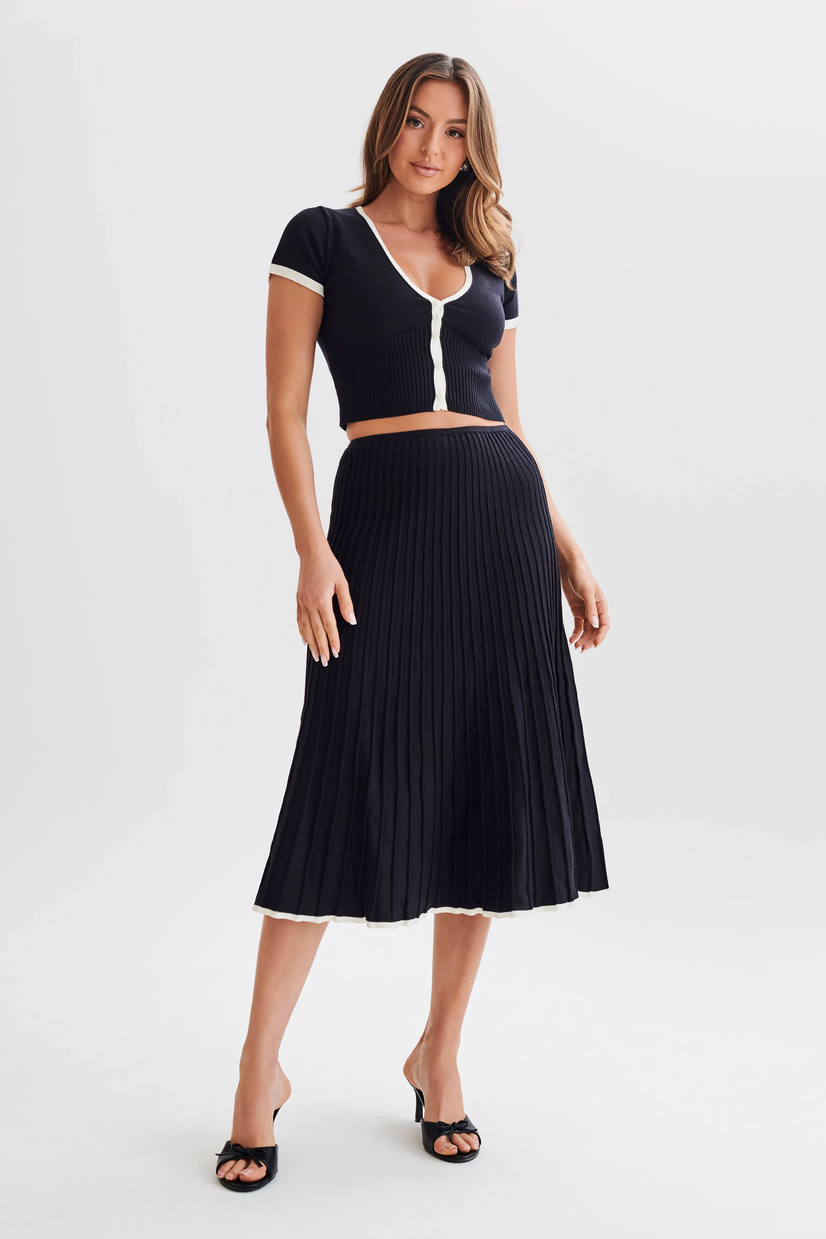 Jolene Contrast Rib Knit Midi Skirt - Black