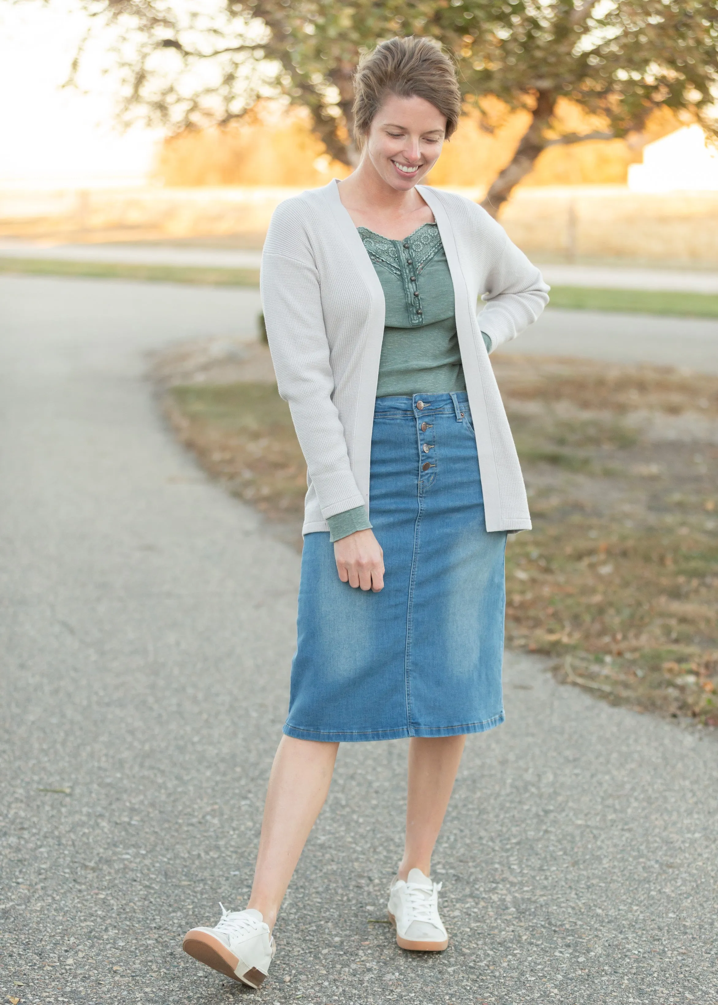 Josie Vintage Wash Button Front Midi Denim Skirt - FINAL SALE