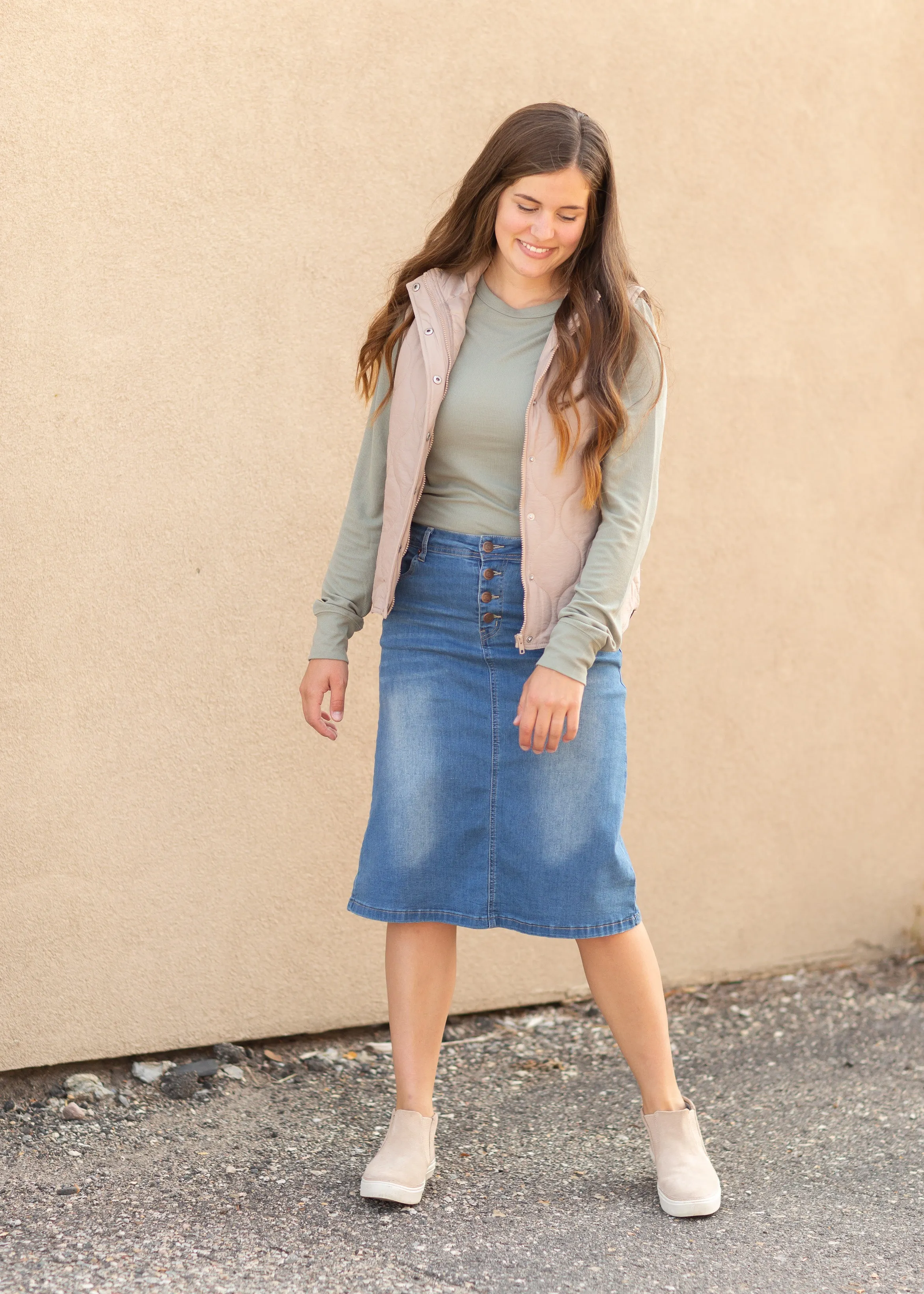 Josie Vintage Wash Button Front Midi Denim Skirt - FINAL SALE