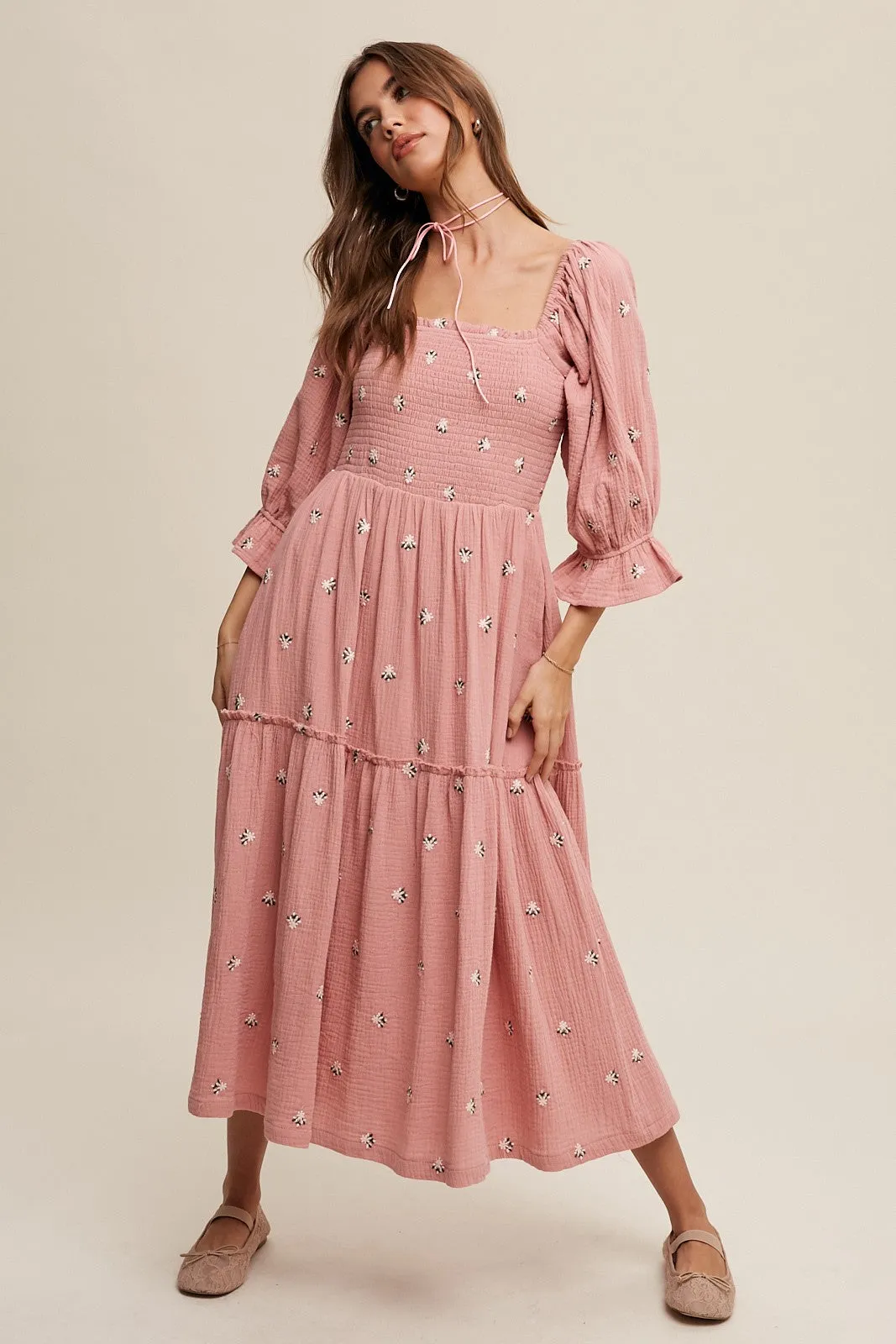 Karina Smocked Floral Midi Dress - Rose