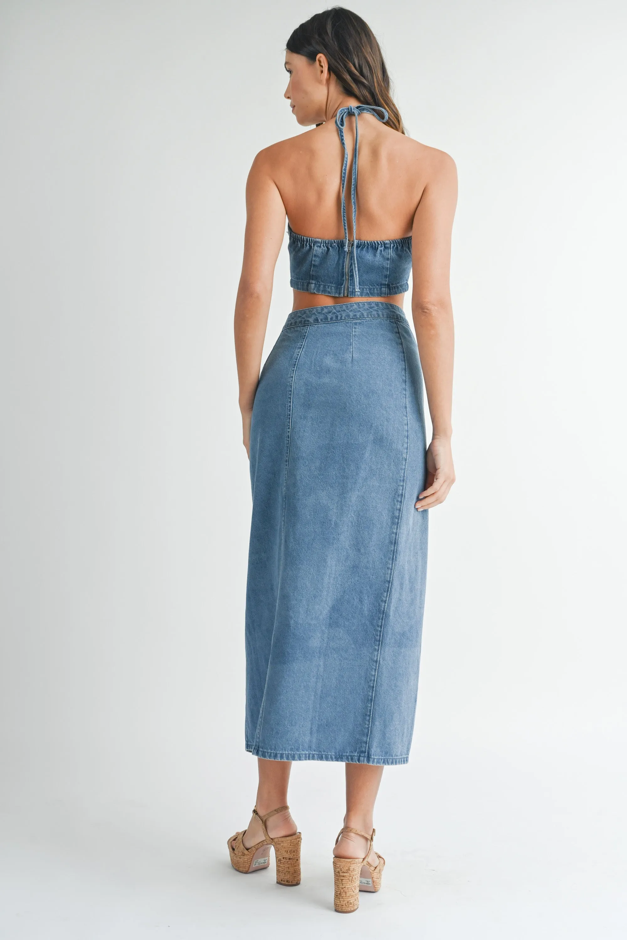 KERRIS DENIM CORSAGE TOP AND MIDI SKIRT SET