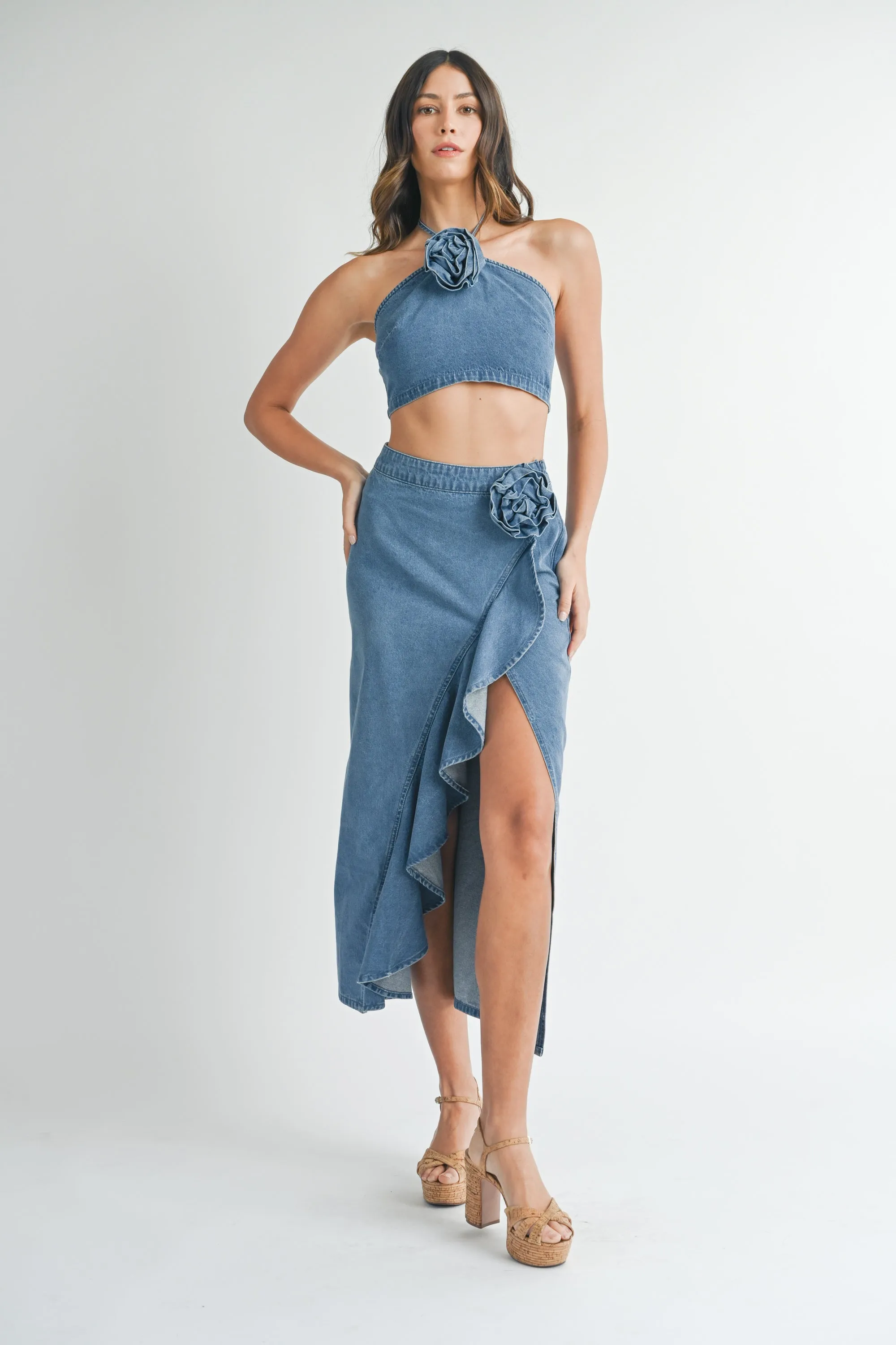 KERRIS DENIM CORSAGE TOP AND MIDI SKIRT SET