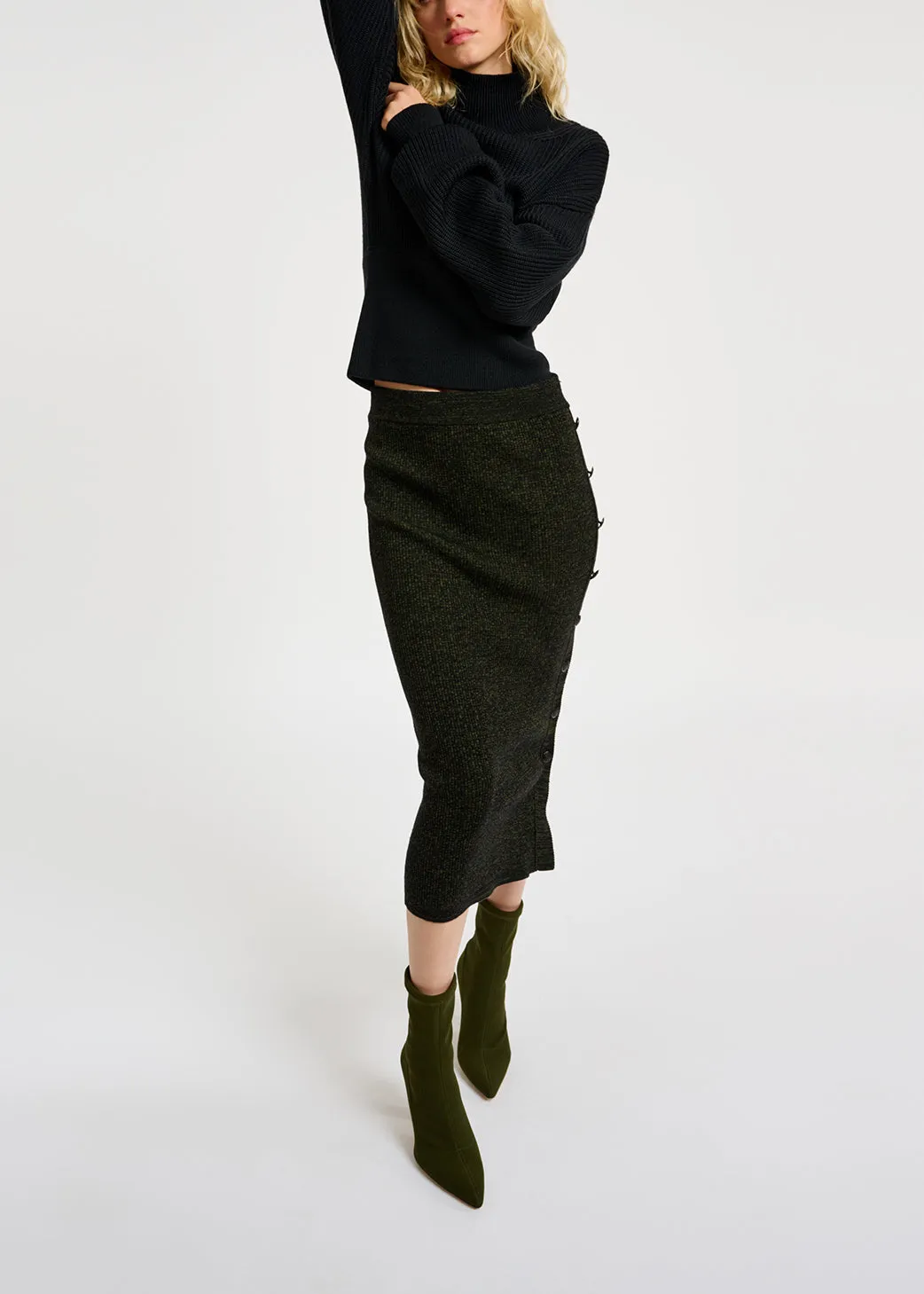 Khaki and black mélange ribbed-knit midi skirt