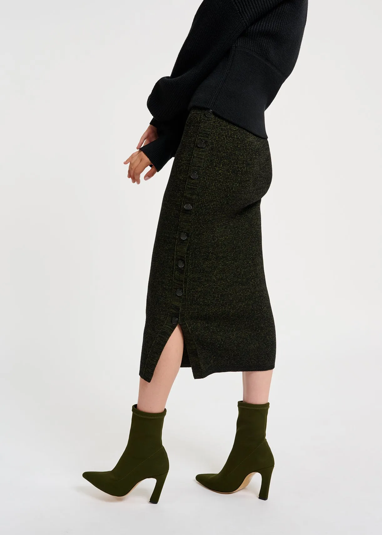 Khaki and black mélange ribbed-knit midi skirt