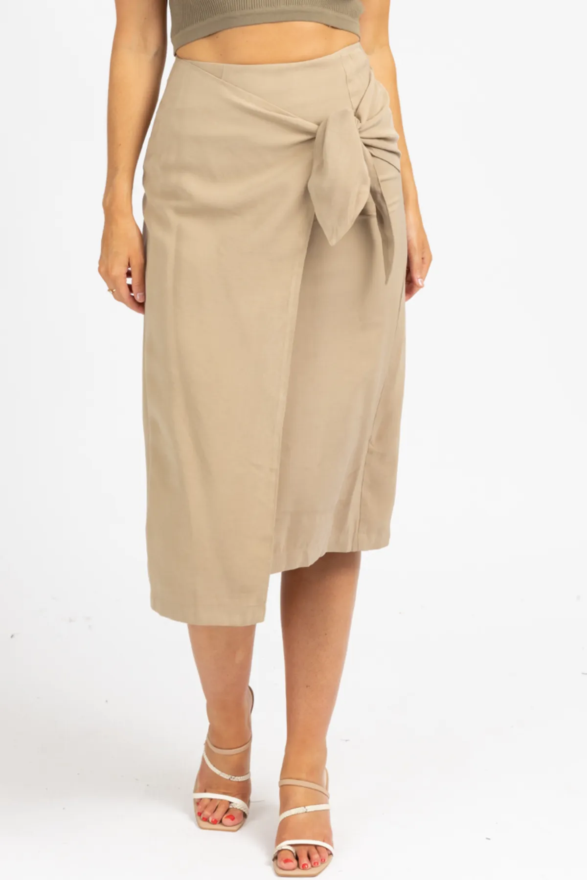 KHAKI WRAP TIE FRONT MIDI SKIRT