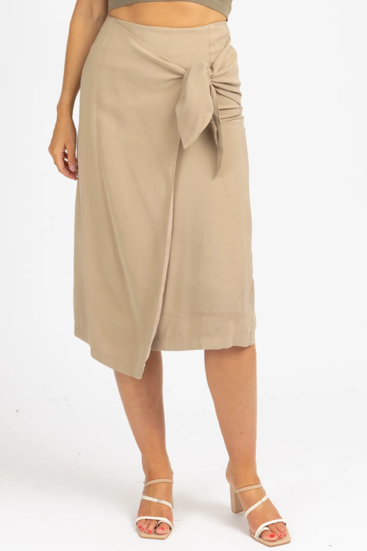 KHAKI WRAP TIE FRONT MIDI SKIRT